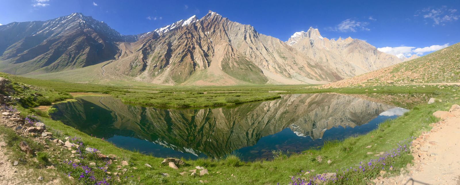 Spiegelung eines Bergpanoramas in einem Hochgebirgssee in Ladakh